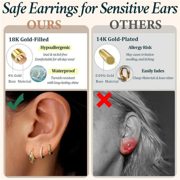 Gold Silver Huggie Hoop Earrings Set Small CZ Hypoallergenic Piercing - Picture 4 of 7